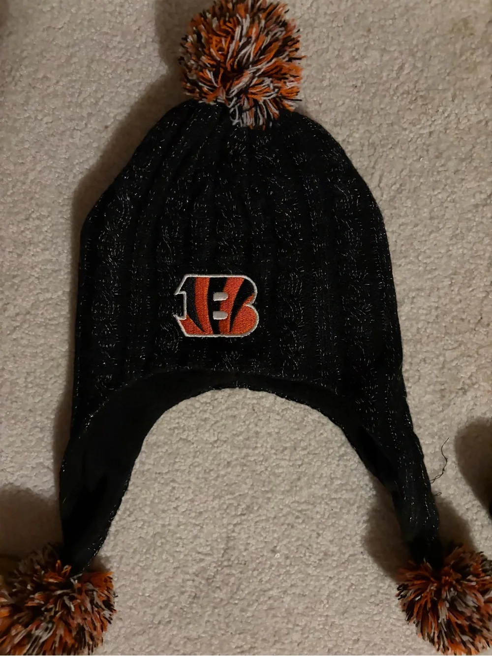 Kids Black and Orange Pom-Pom Earflap Beanie with Team Logo